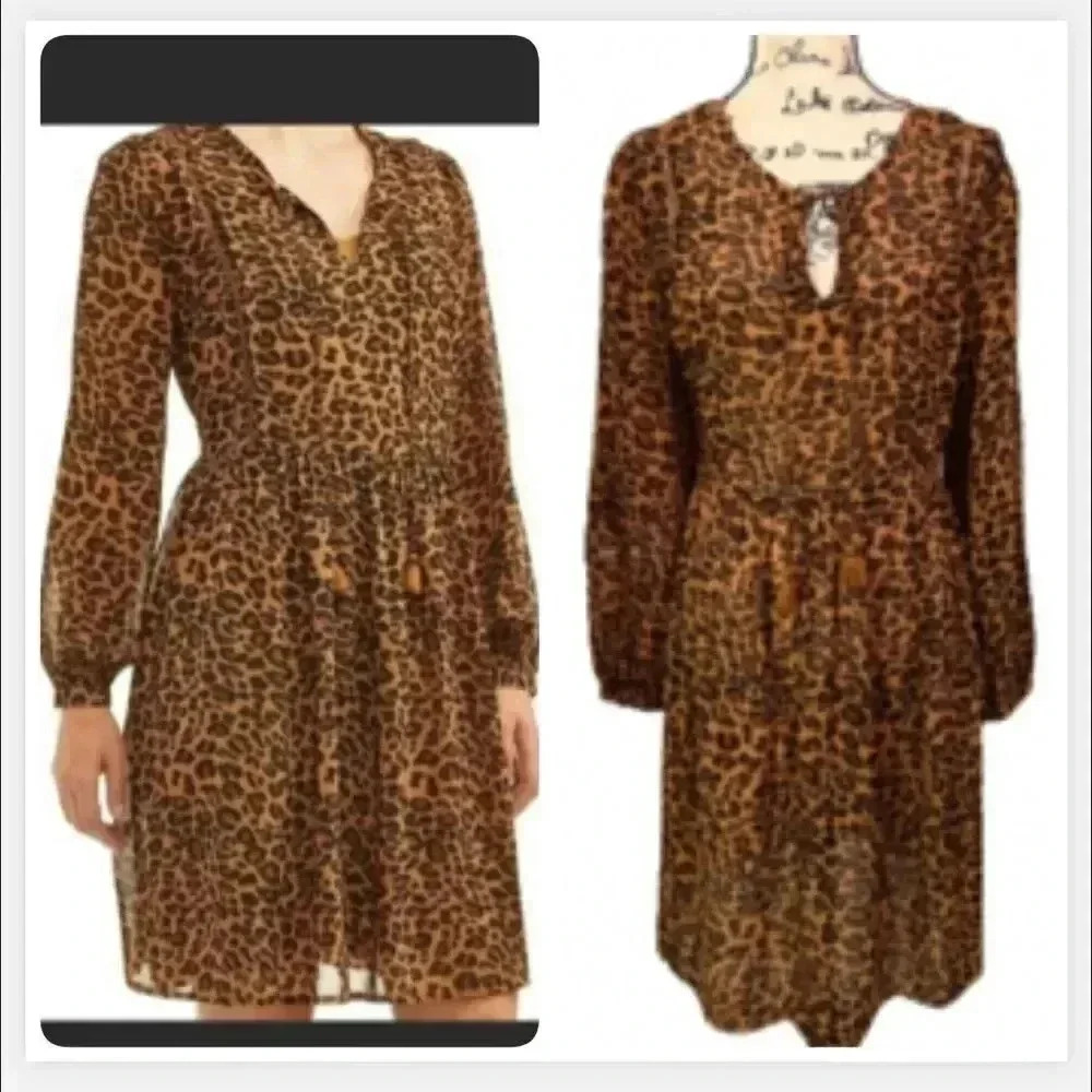 Time & TRU CHEETAH PRINT DRESS BOHO SHEER‎ LONG SLEEVE PEASANT DRESS SIZE 8-10